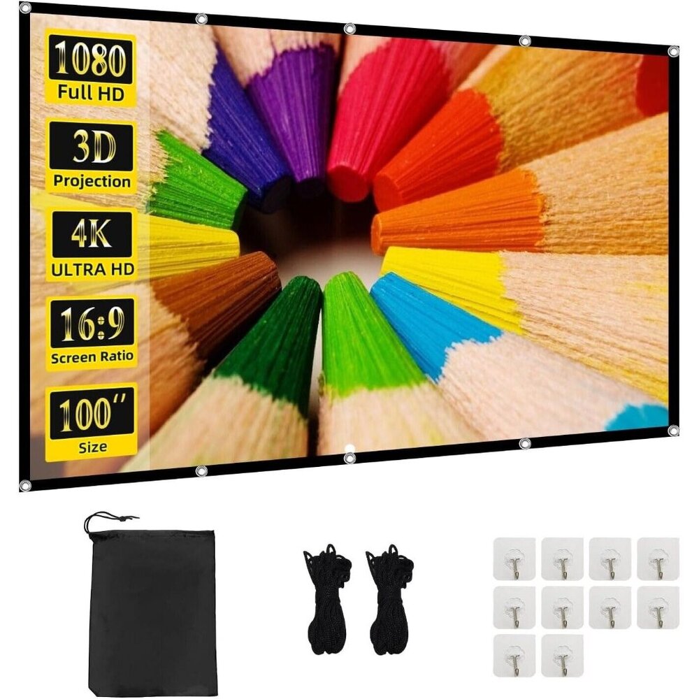Projector Screen 100" Projection Screen Indoor Outdoor Washable Anti-Crease